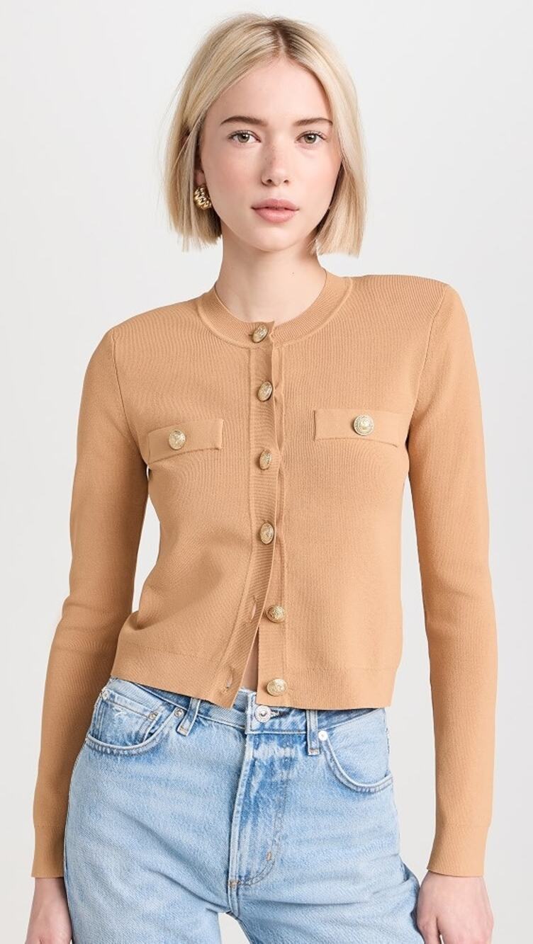 L'AGENCE Toulouse Crewneck Cropped Cardigan Camel XL